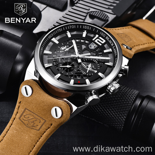 Benyar Top Selection Brand Men'S Leather Quartz Watches Casual Sport Luxury Watch Men Wrist Top Ranking Reloj de hombre for Boys